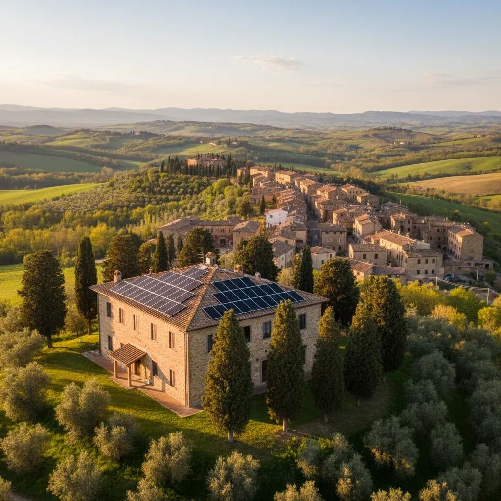 Solar panels on an Italian home’s roof in spring sunlight, illustrating government energy relief