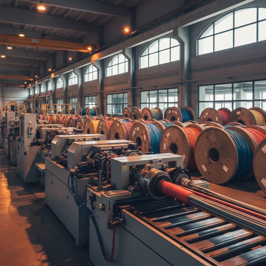 Modern industrial cable manufacturing facility with advanced production equipment and machinery