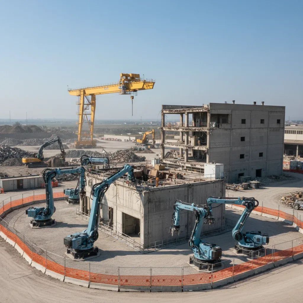 Industrial nuclear decommissioning site with robotic equipment and safety barriers, representing Italy's reactor cleanup project
