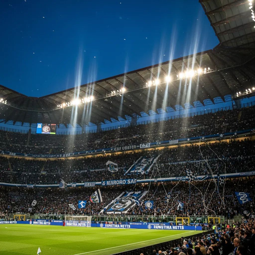 San Siro stadium packed with Inter fans under floodlights during evening Champions League match
