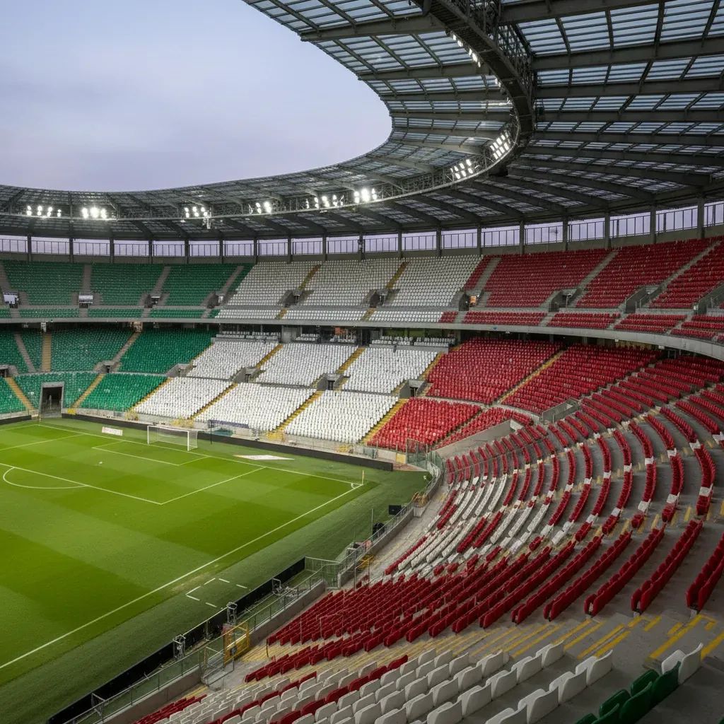 Italian football stadium interior with modern seating and Italian flag-inspired color scheme