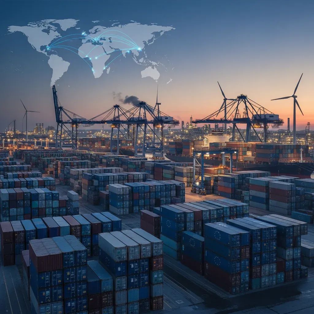 Industrial port with stacked containers and manufacturing facility representing Italy's global export trade challenges