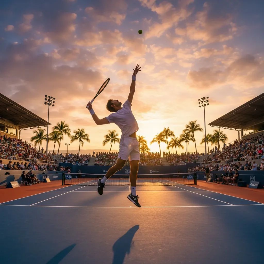 Tennis player in action on hard court, serving during professional ATP tournament match