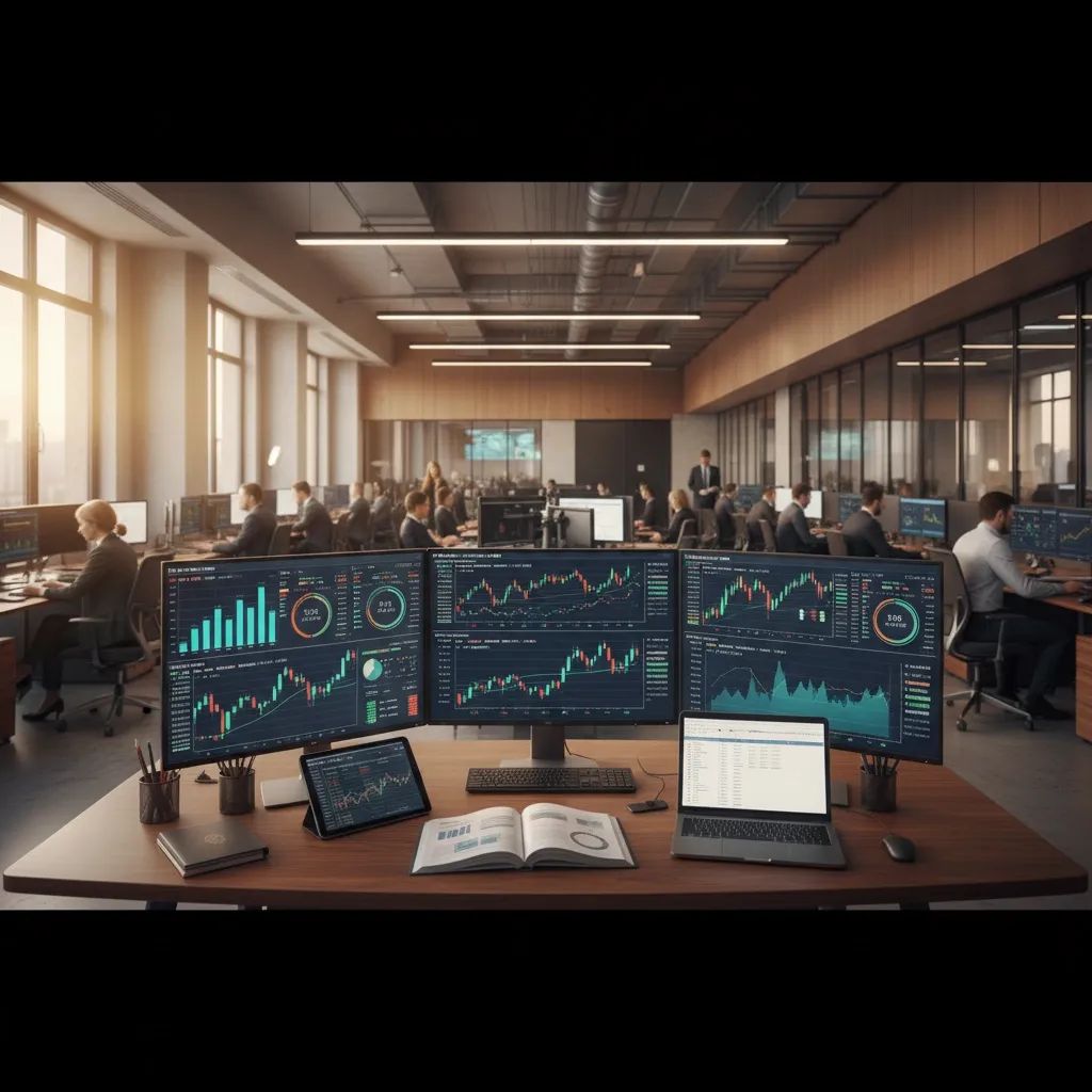 Modern banking office with financial professionals reviewing charts and investment data