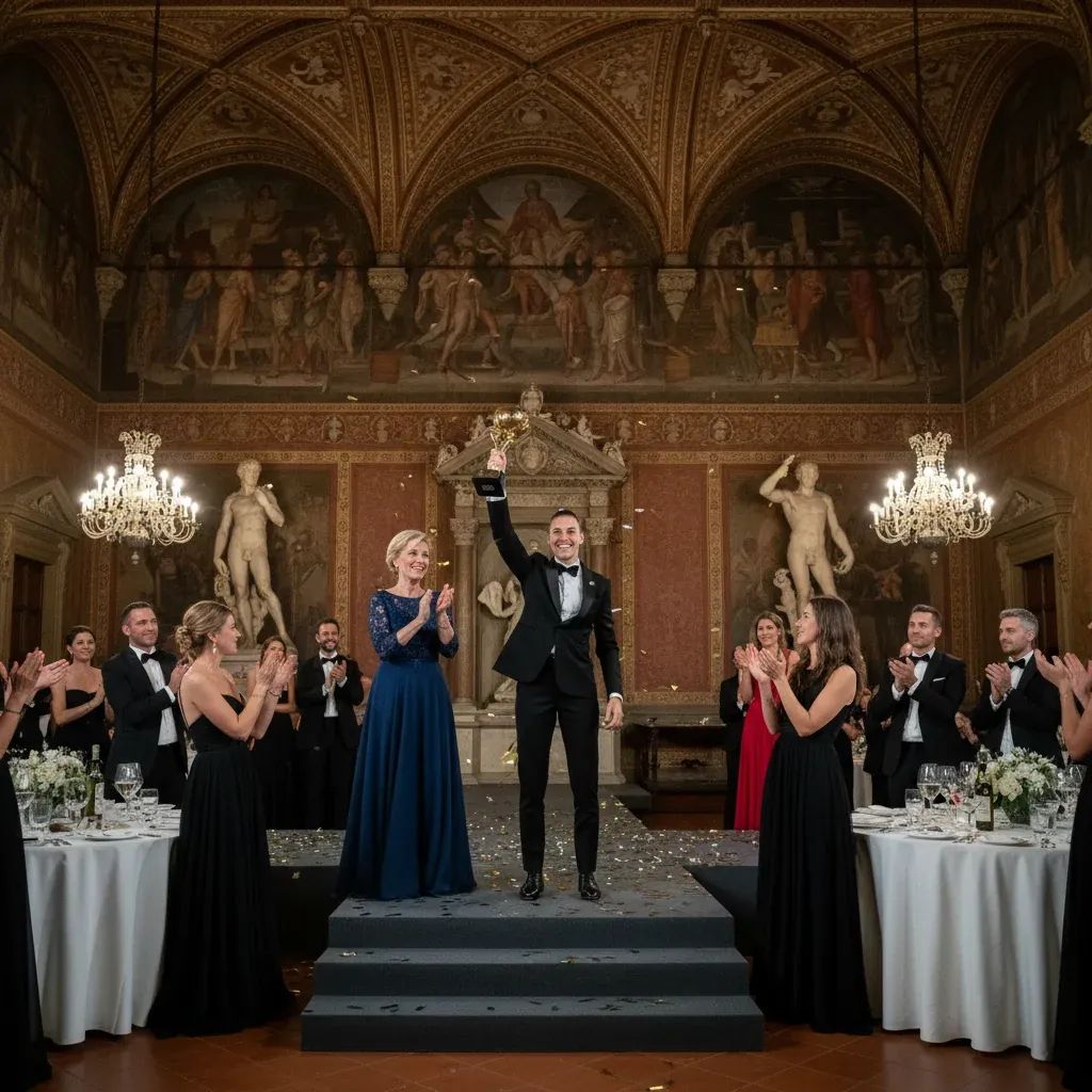 Woman footballer receiving MVP award at Florence gala ceremony