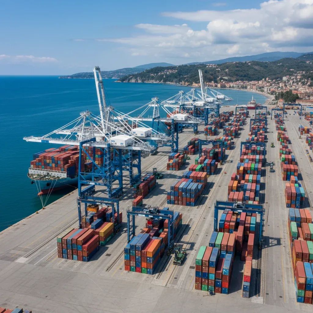 Modern container terminal with automated cranes stacking colorful shipping containers at Genoa port