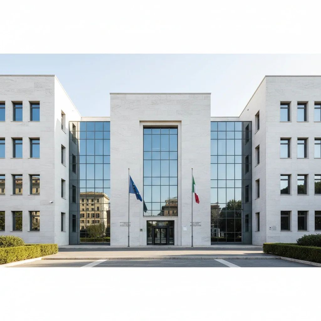 Modern office block in Rome’s EUR district with EU and Italian flags, illustrating planned customs HQ