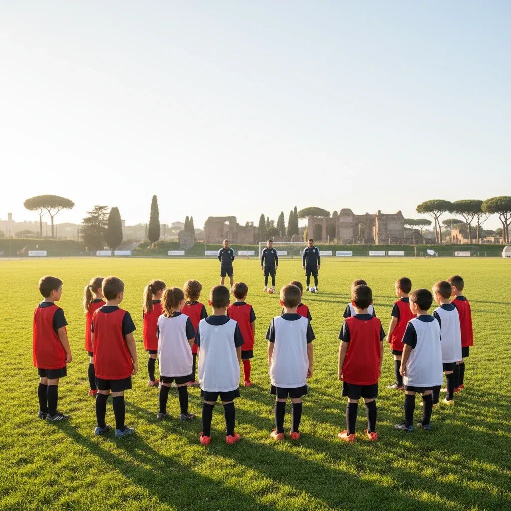 Young football players training on Rome sports field with professional coaches during free youth academy session