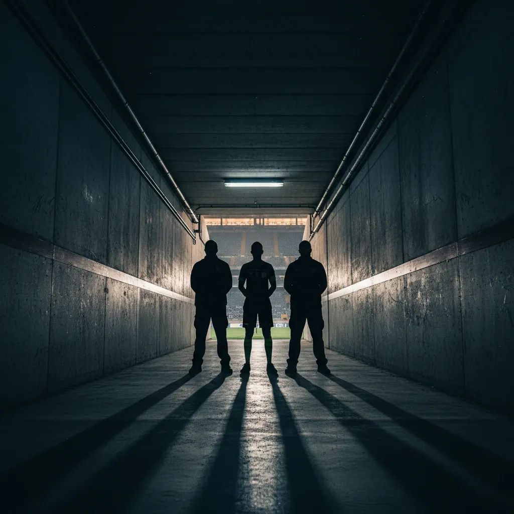 Referee escorted by security through a dim stadium tunnel, symbolising Italy’s new legal stance against football abuse