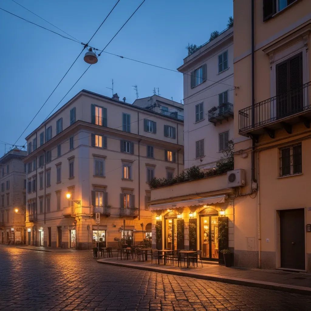 Italian café and apartment buildings lit at dusk, illustrating delayed energy-bill relief