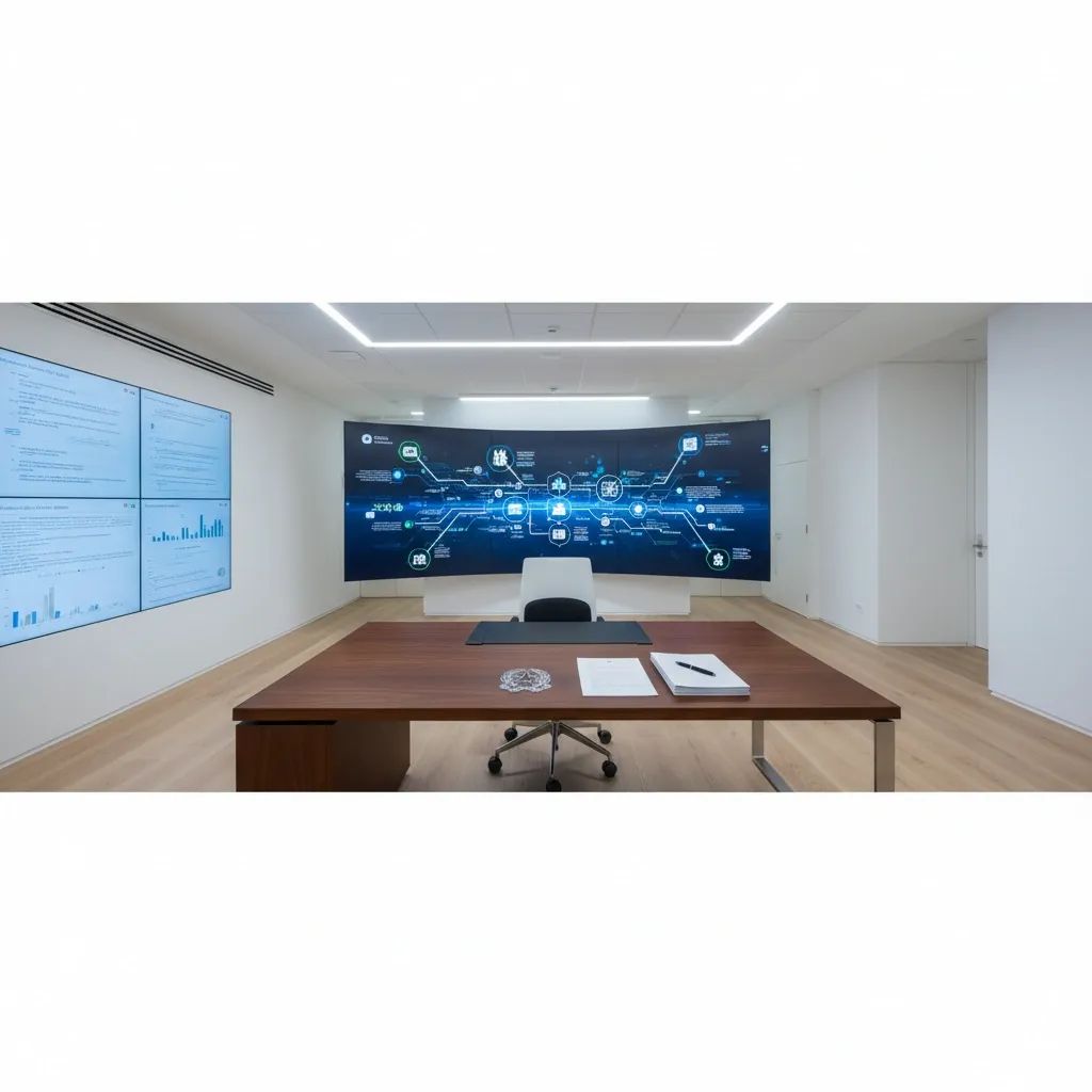Modern Italian government office with streamlined administrative documents and digital displays