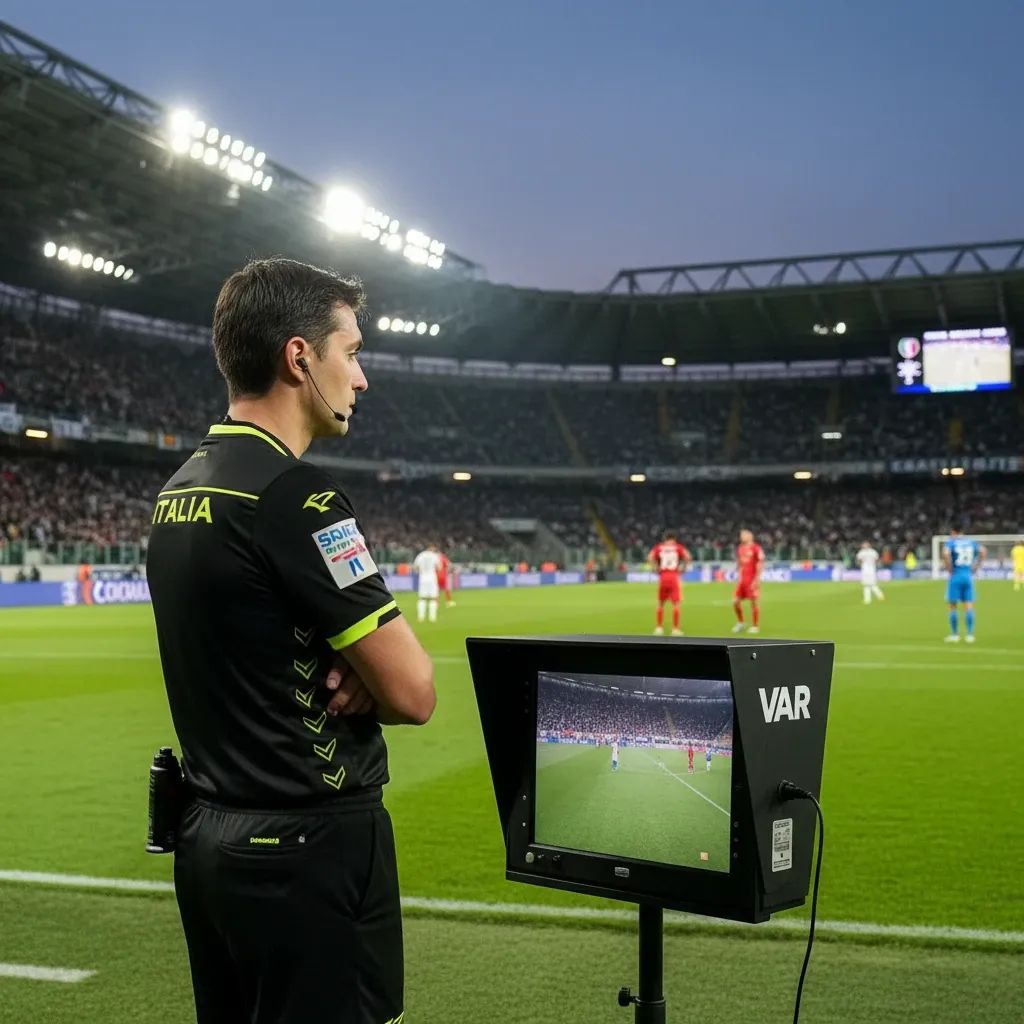 Serie A referee checks VAR monitor on stadium sideline during evening match