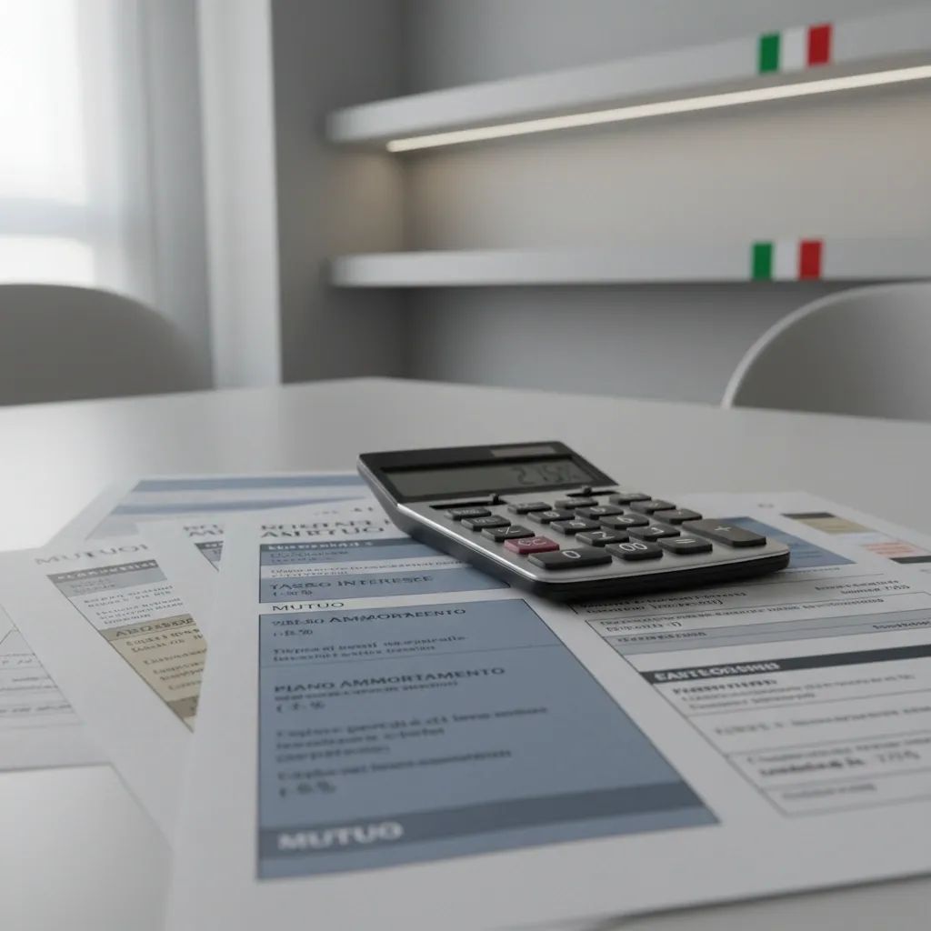 Financial documents, calculator, and loan papers representing household debt and consumer credit in Italy