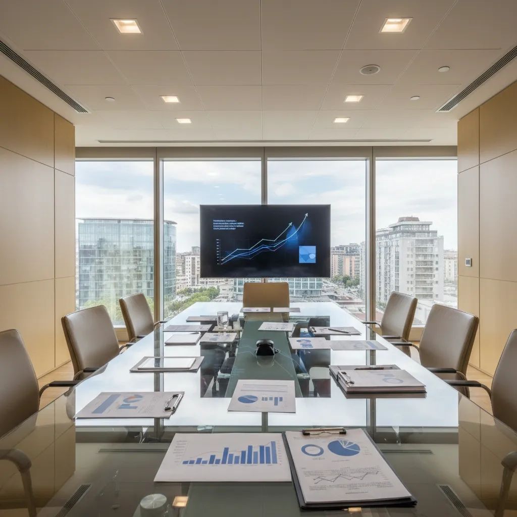 Modern boardroom setting representing corporate strategic planning and business transformation