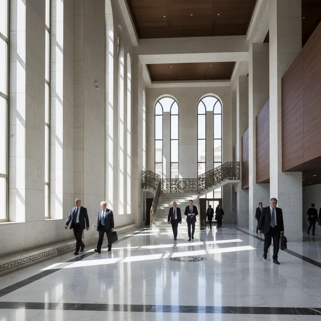 Modern Italian government building interior representing political leadership and coalition dynamics