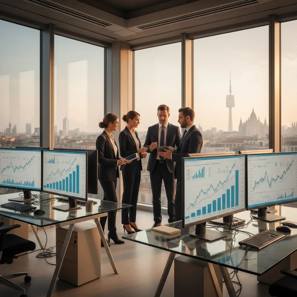 Financial professionals monitoring investment data and growth charts in modern office setting