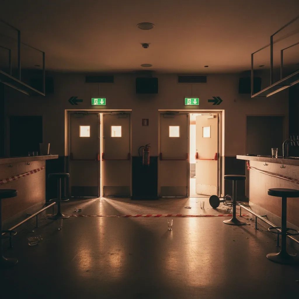 Emergency exit doors inside a modern bar venue, showing fire safety infrastructure and evacuation routes