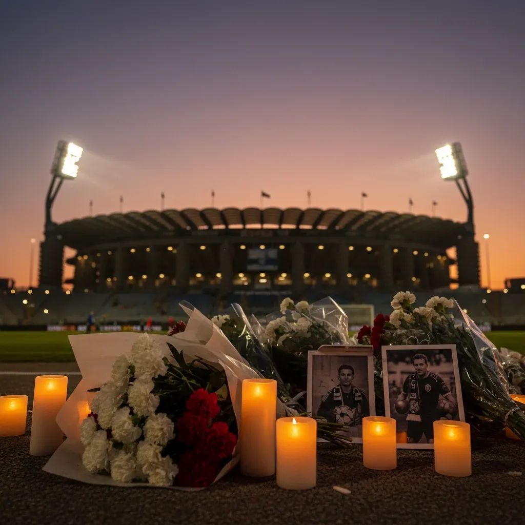 Memorial tribute for legendary football manager Mircea Lucescu with flowers and candles at stadium