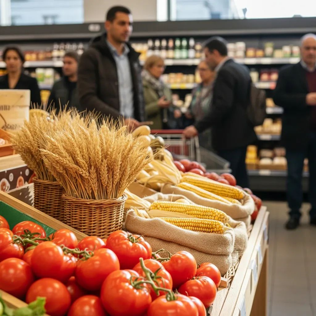 Italian supermarket produce section showing fresh tomatoes, wheat, and maize on display shelves