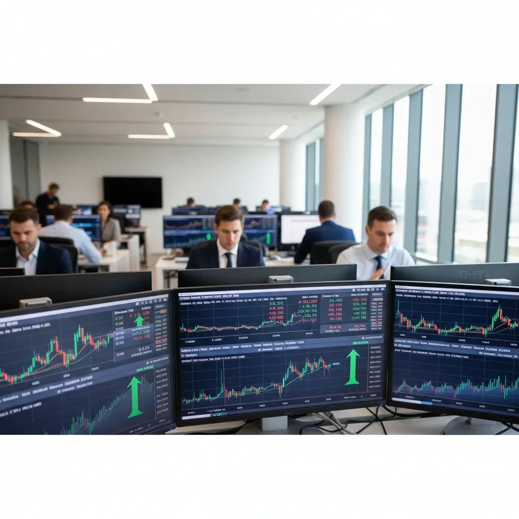 Financial trading floor with multiple stock market charts and indices displayed on screens