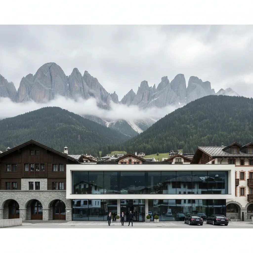 Alpine resort town building with Swiss mountain landscape background representing diplomatic tensions