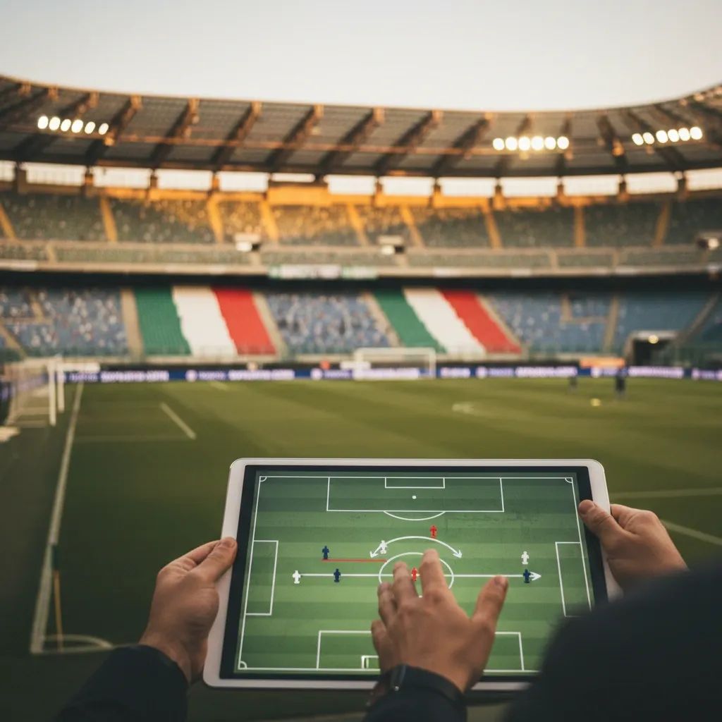 Italian football coaching strategy visualization with stadium background and national colors