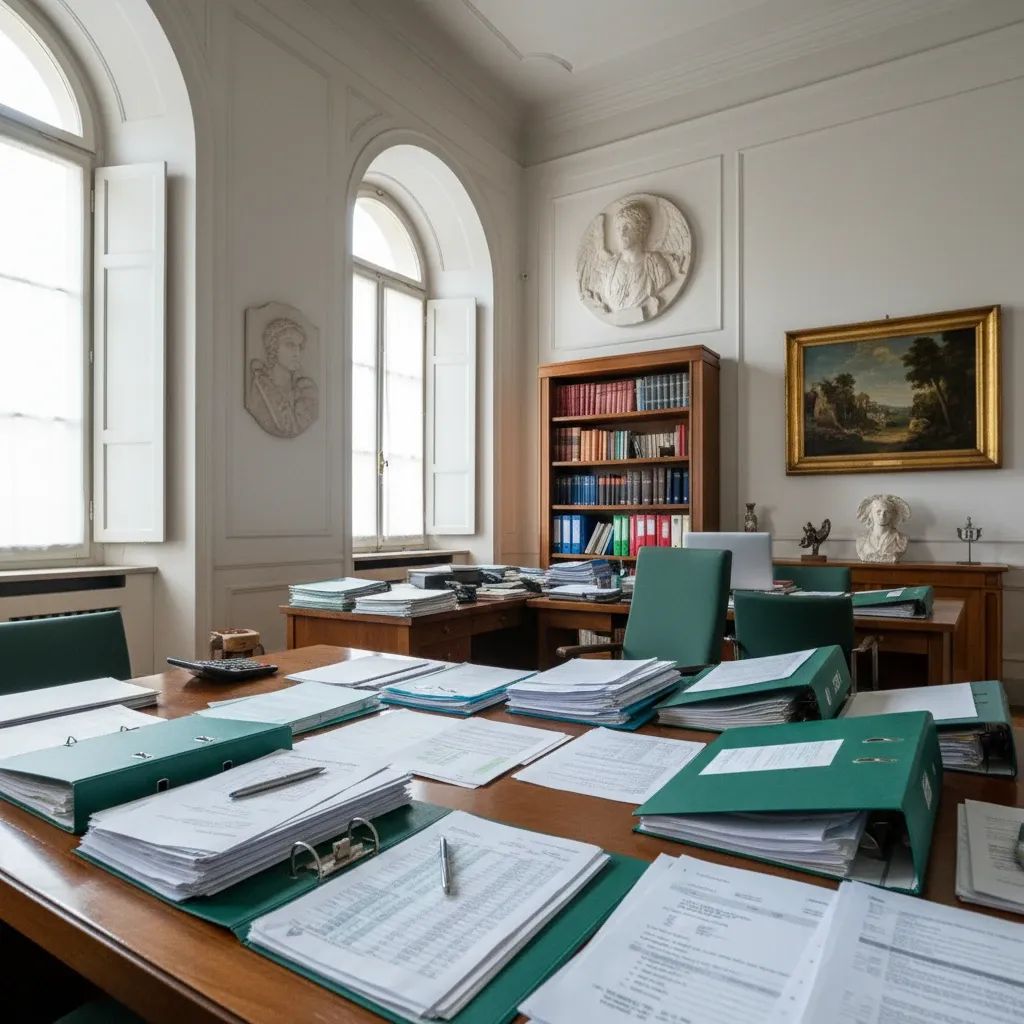 Government finance documents and tax policy files on ministerial desk