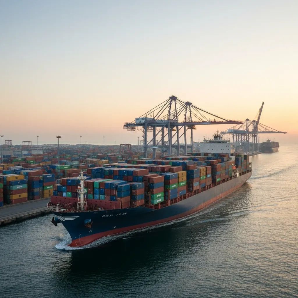 Cargo ship with multicolored containers leaving an Italian port at dawn, symbolizing growing Italy–Mexico trade