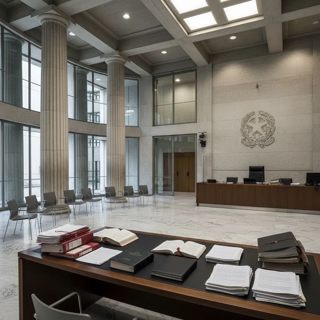 Italian courthouse interior with judicial documents and formal legal setting representing criminal case proceedings