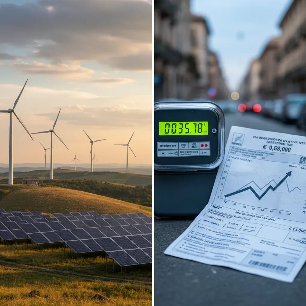 Split image of renewable energy infrastructure and household utility bills representing Italy's energy crisis response
