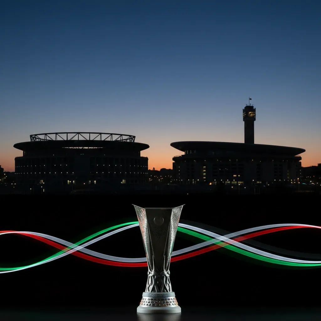 Roma and Bologna stadiums facing off, UEFA Europa League trophy between them symbolizing their historic first European meeting