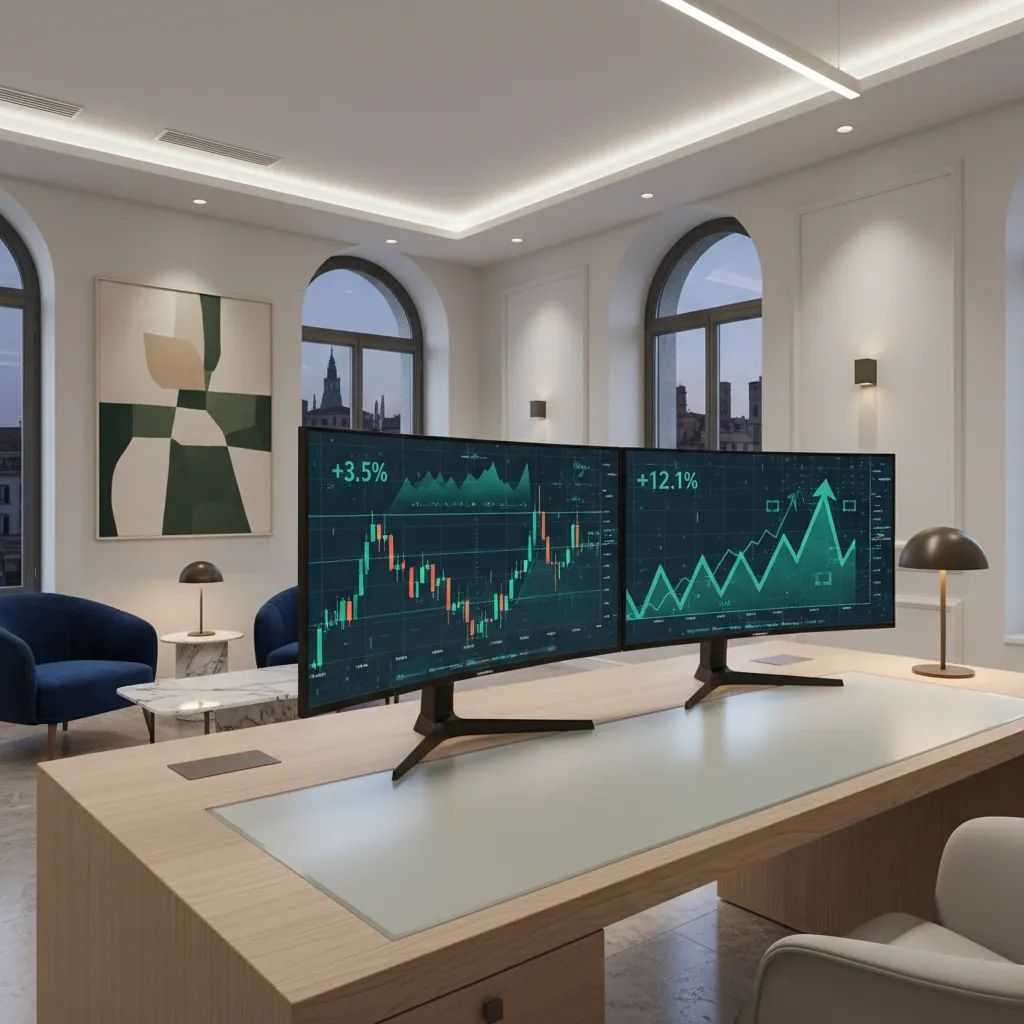 Financial investment dashboard displaying growth charts and asset management data