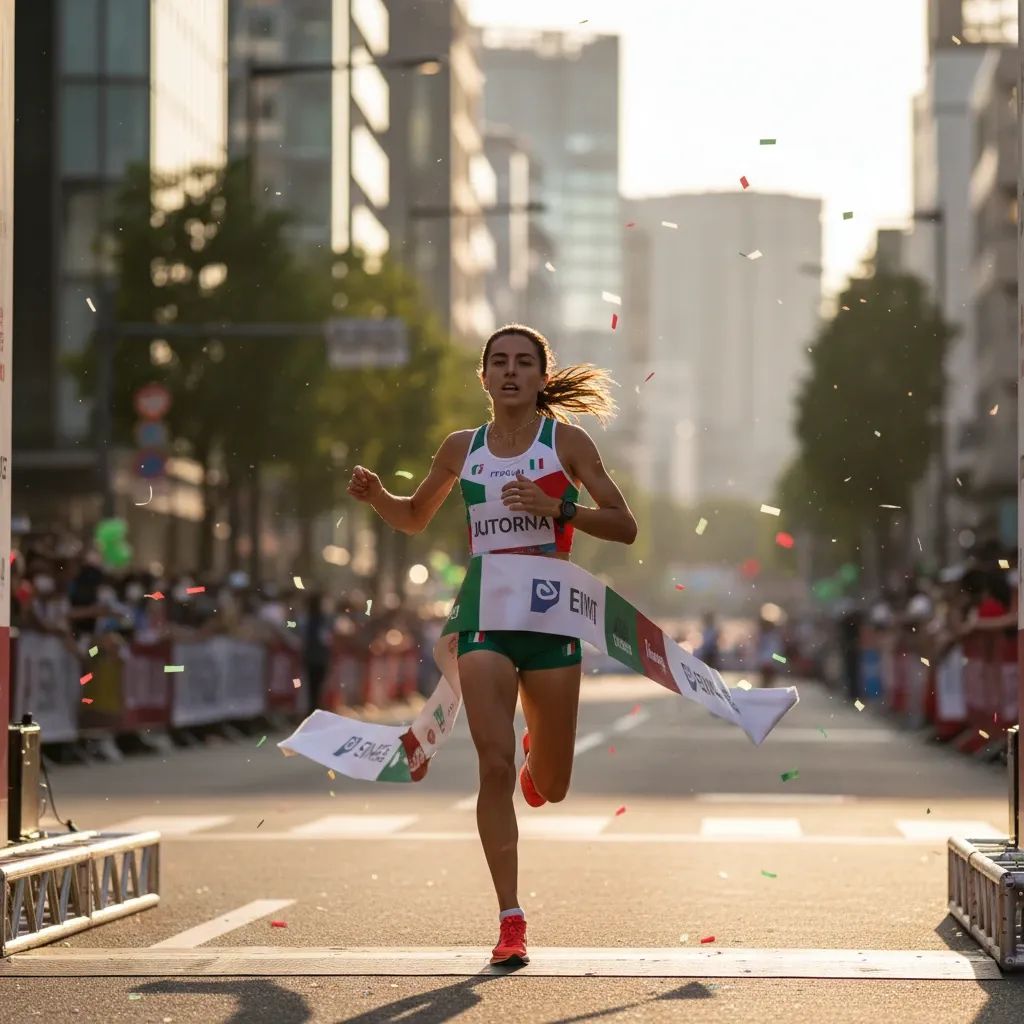 Marathon runner Iliass Aouani celebrating at Tokyo finish line after record-breaking performance