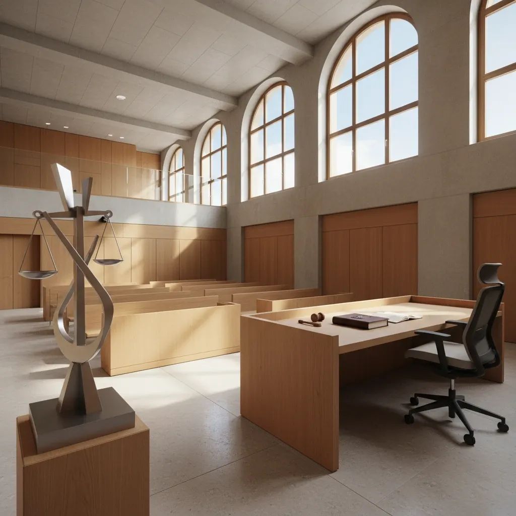 Interior view of an Italian courthouse with natural light and judge's desk, representing judicial reform and efficiency