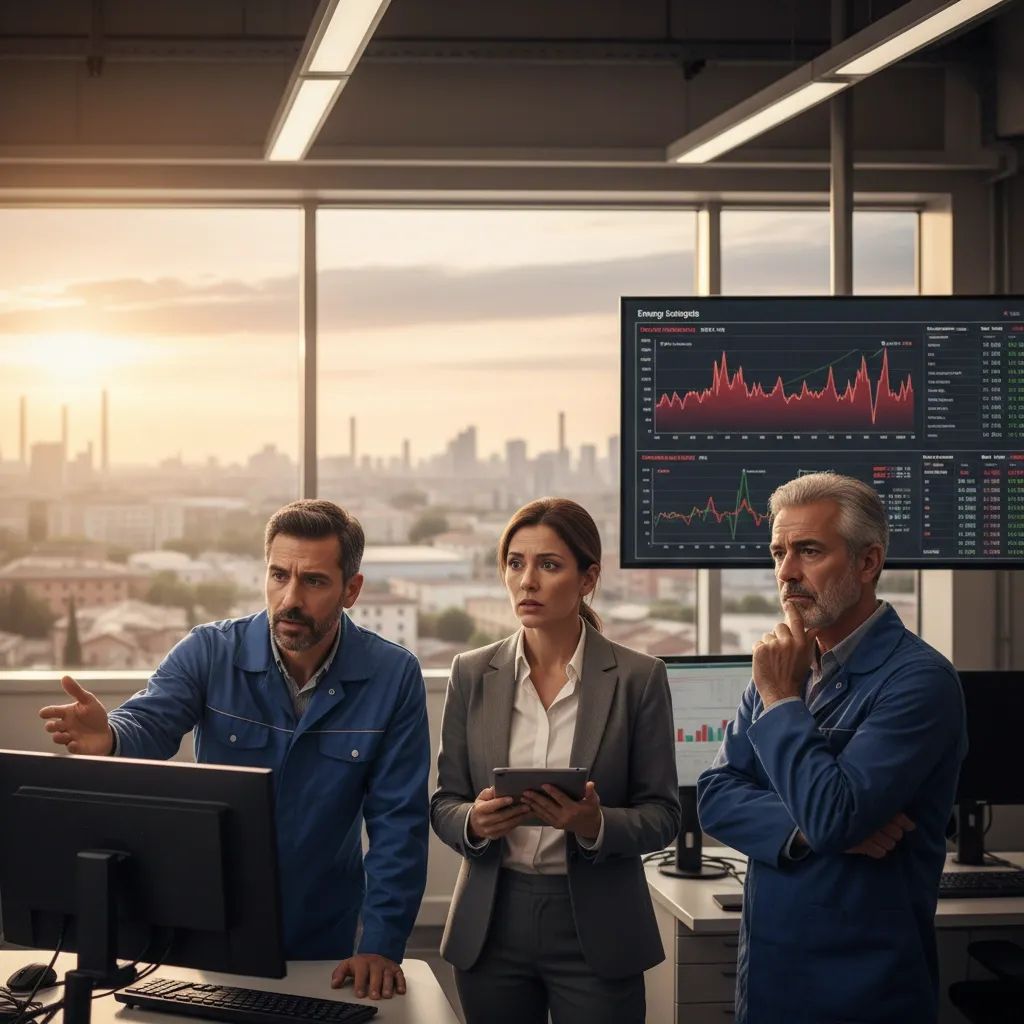 Italian workers discussing economic crisis with inflation charts and energy data in workplace background