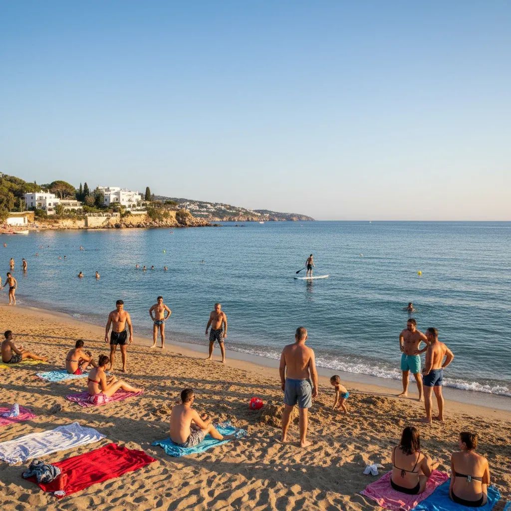 Italian beach on a sunny spring day with people enjoying outdoor activities and calm Mediterranean waters