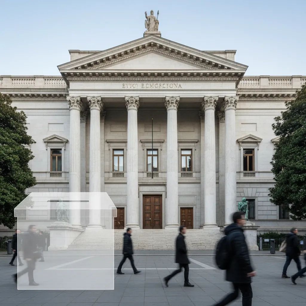 Neoclassical Italian courthouse with symbolic ballot box in foreground, illustrating justice referendum