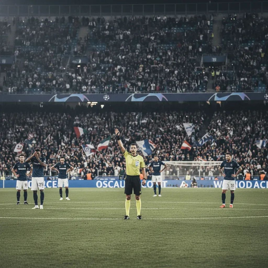 Referee raises arm to halt Champions League match in floodlit stadium amid tense crowd atmosphere