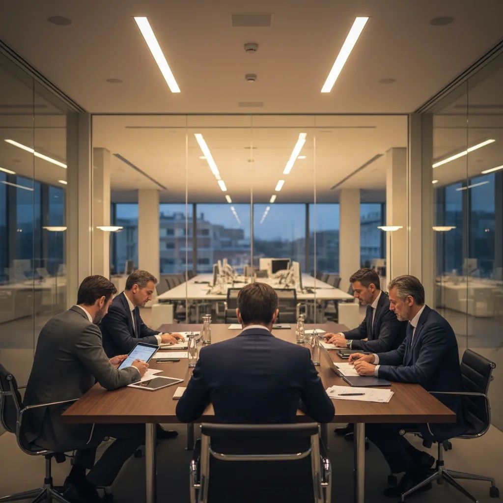Modern banking office interior with professionals reviewing financial documents during a corporate meeting