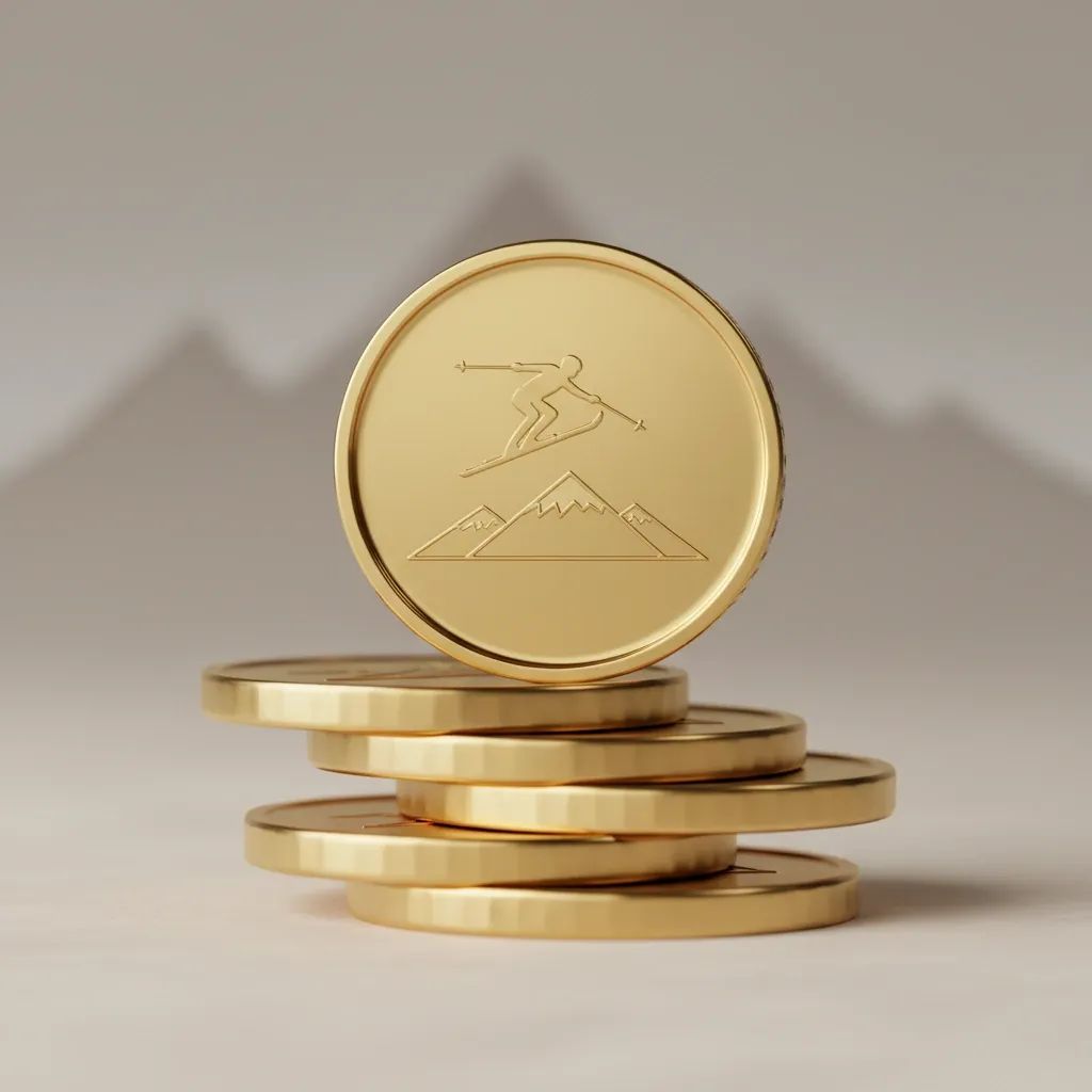 Stack of gleaming Italian Milano Cortina 2026 limited-edition gold coins under soft studio light