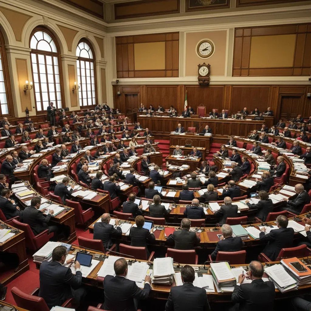 Italian Parliament chamber in session with legislators debating government decree