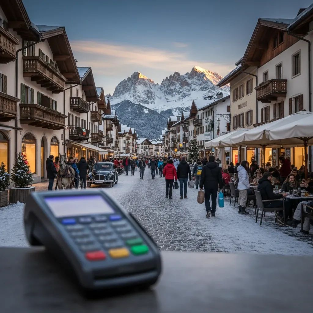 Snowy Cortina street with shoppers and a payment terminal illustrating Olympic spending surge