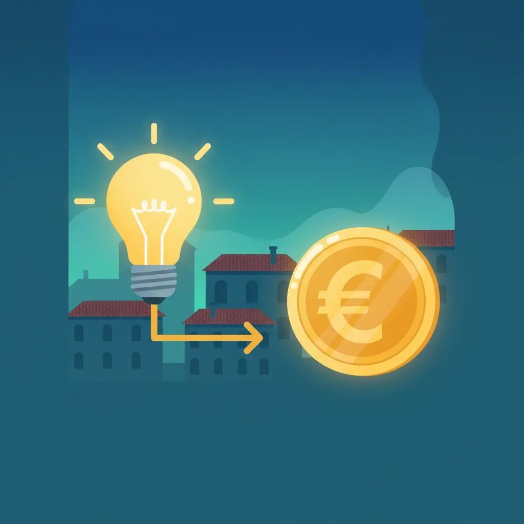 Illustration of a light bulb and Euro coin with downward arrow over Italian homes, symbolizing lower energy bills