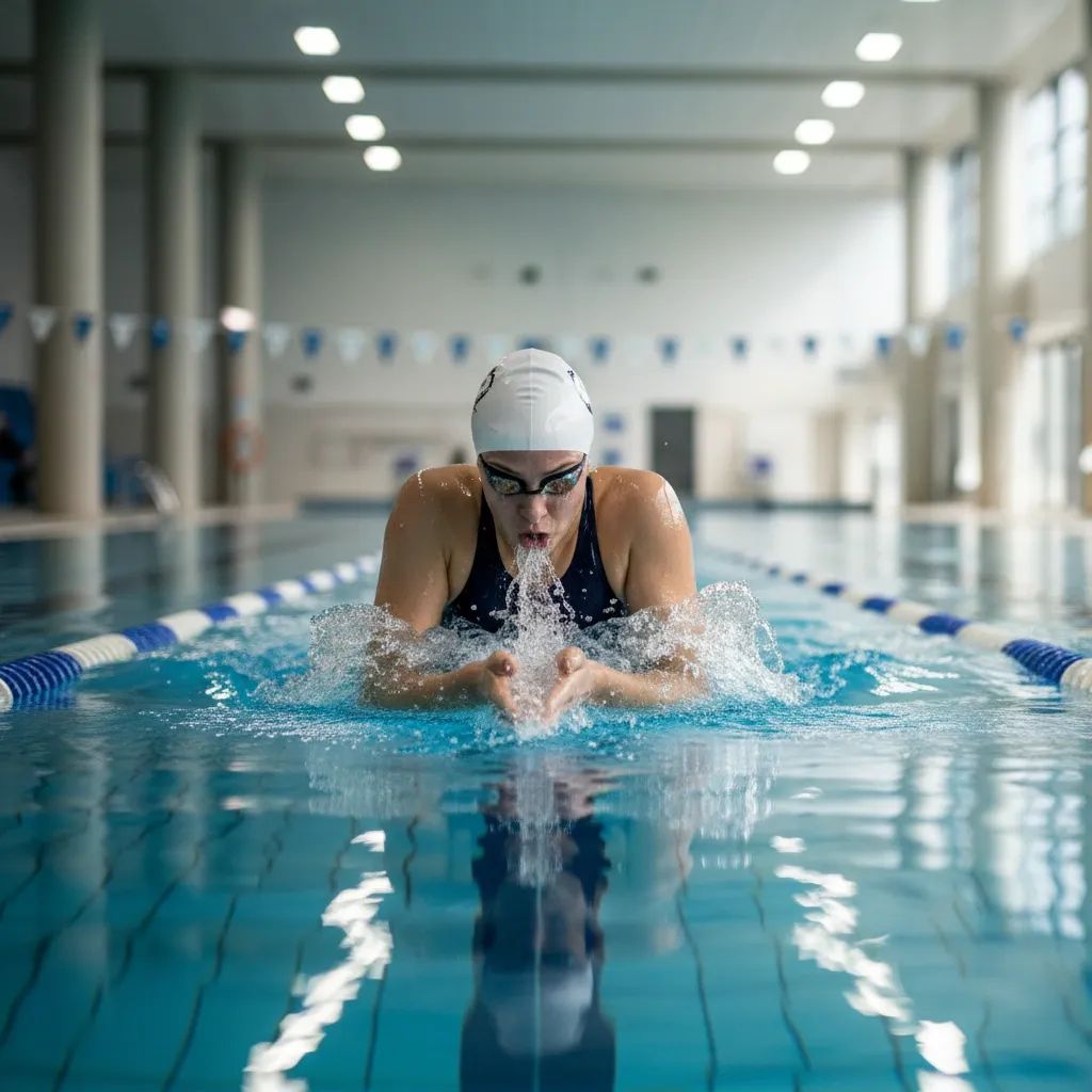 Female swimmer performing breaststroke in competitive pool setting during championship race