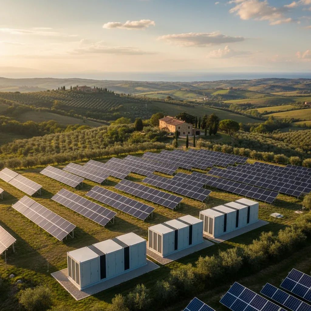 Solar panels and industrial battery storage units in Italian renewable energy landscape