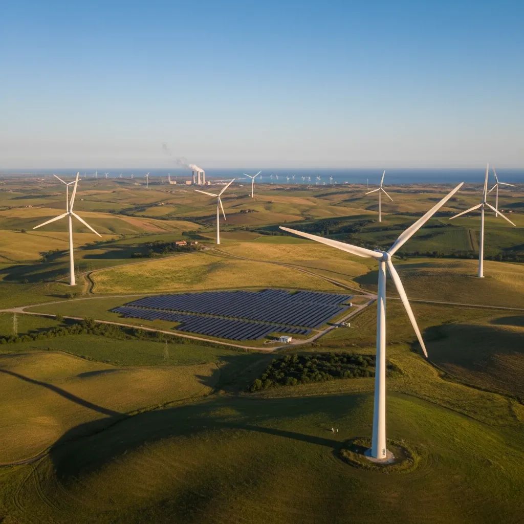 Wind turbines across Italian countryside representing renewable energy growth