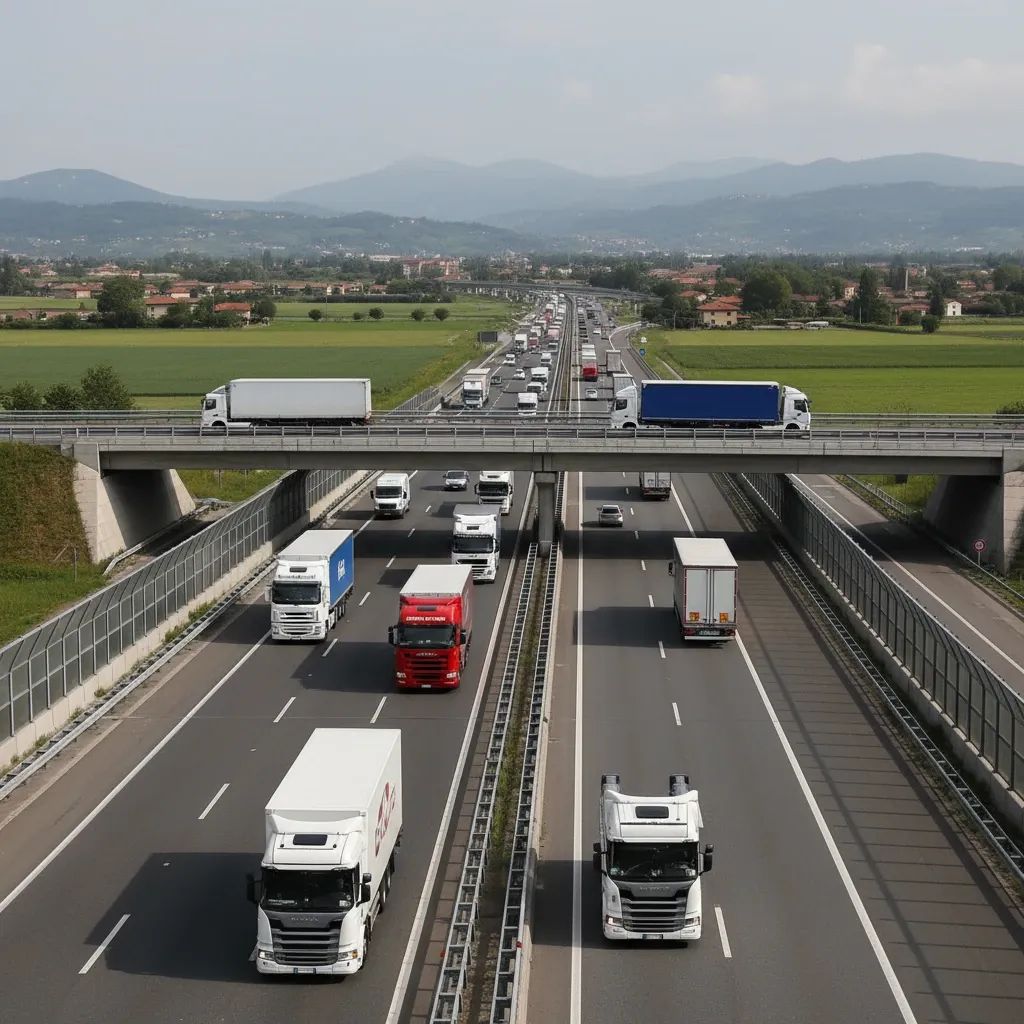 Heavy goods vehicles on Italian motorway during busy traffic conditions