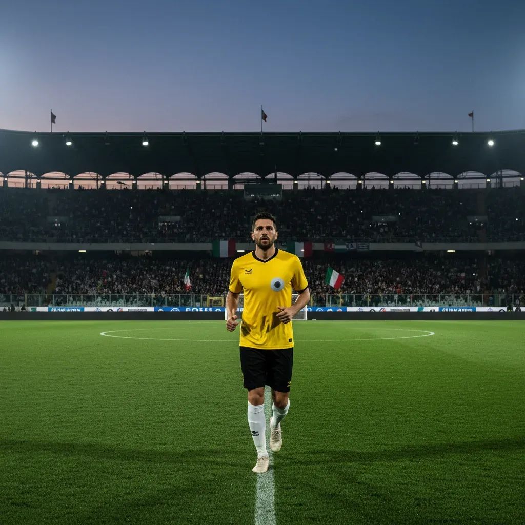 Footballer in yellow kit with chest implant jogs onto English pitch under floodlights, fans waving Italian flags