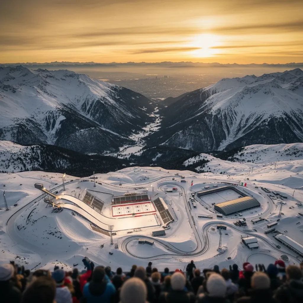Aerial view of Alpine Olympic venues during Milan-Cortina 2026 Winter Games with snow-covered mountains and spectators