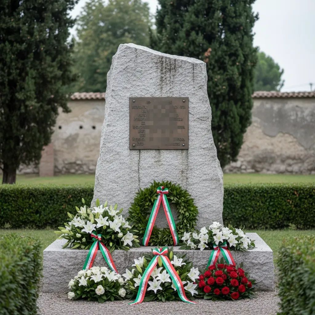 Memorial monument with wreaths in Italian cemetery, symbolizing historical remembrance and political commemoration debate